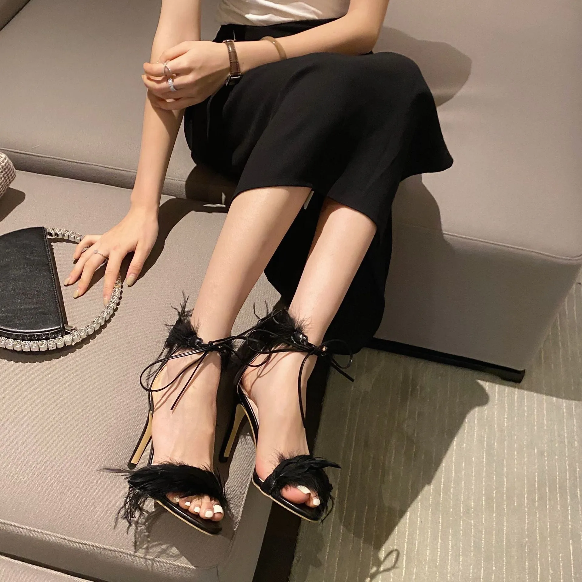 Stiletto Feather Strap High Heel Sandals