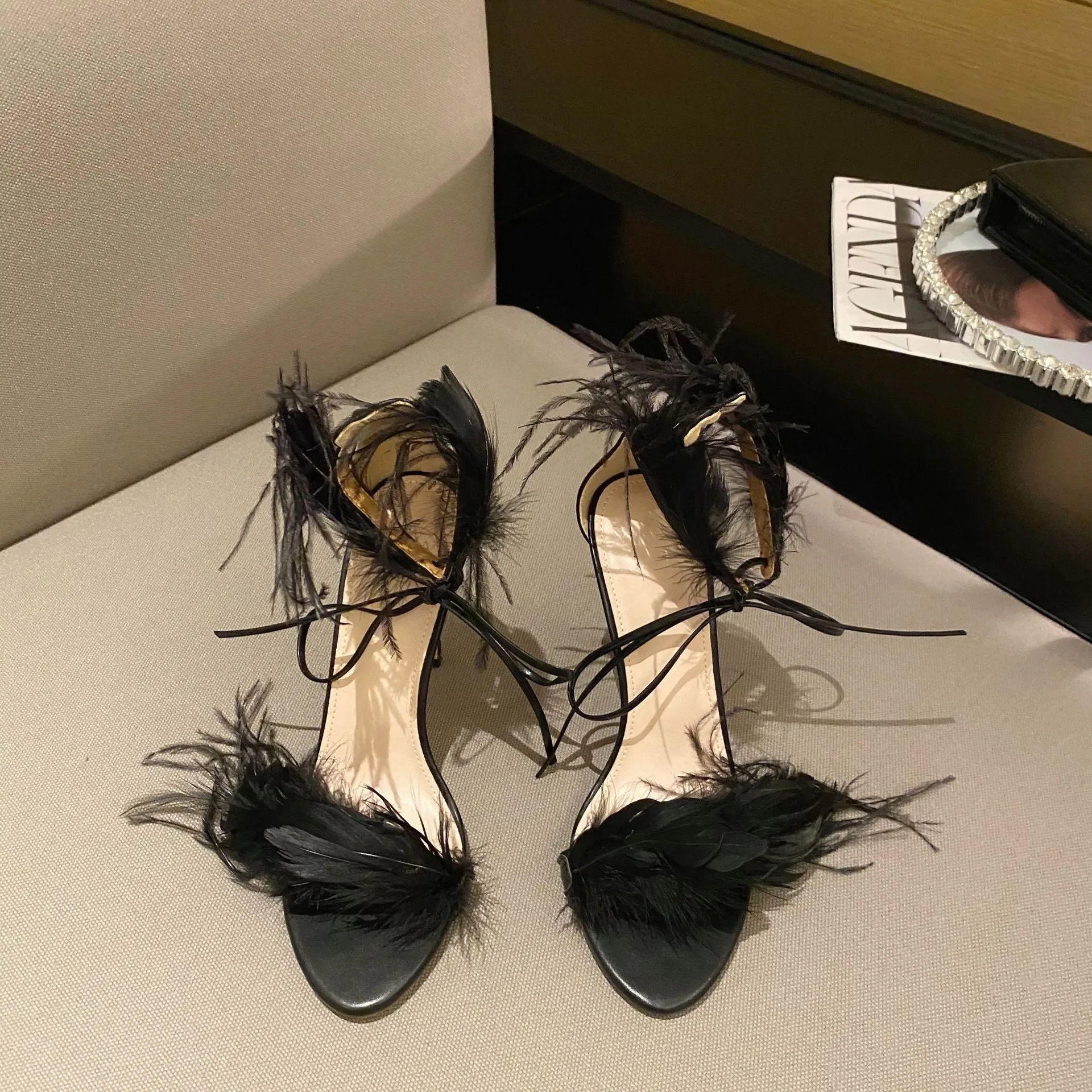 Stiletto Feather Strap High Heel Sandals