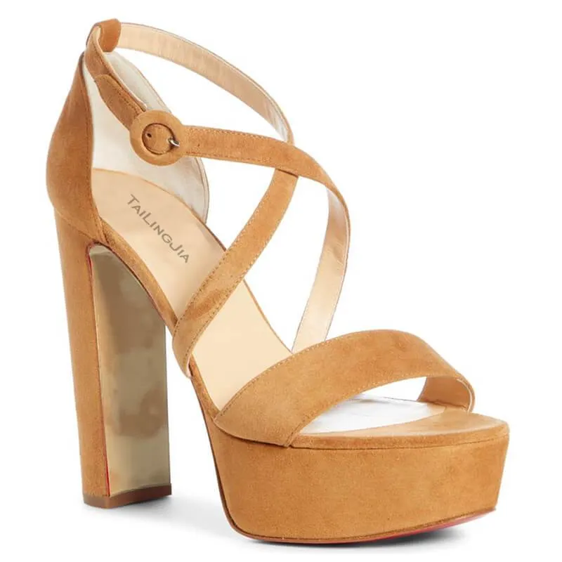 Suede Platform Buckle Color Block High Heel Sandals