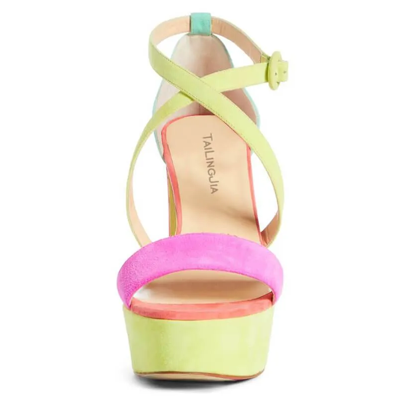 Suede Platform Buckle Color Block High Heel Sandals