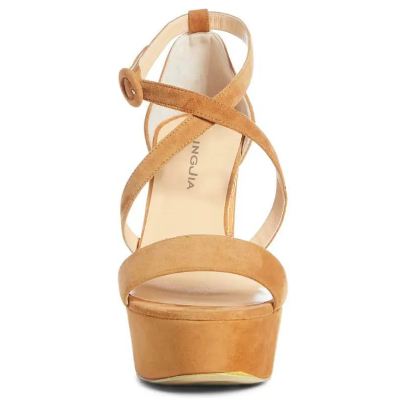 Suede Platform Buckle Color Block High Heel Sandals