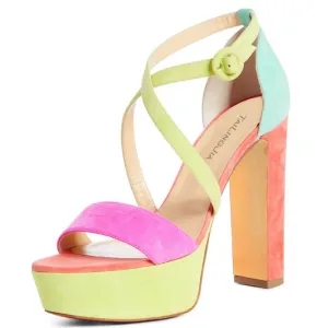 Suede Platform Buckle Color Block High Heel Sandals
