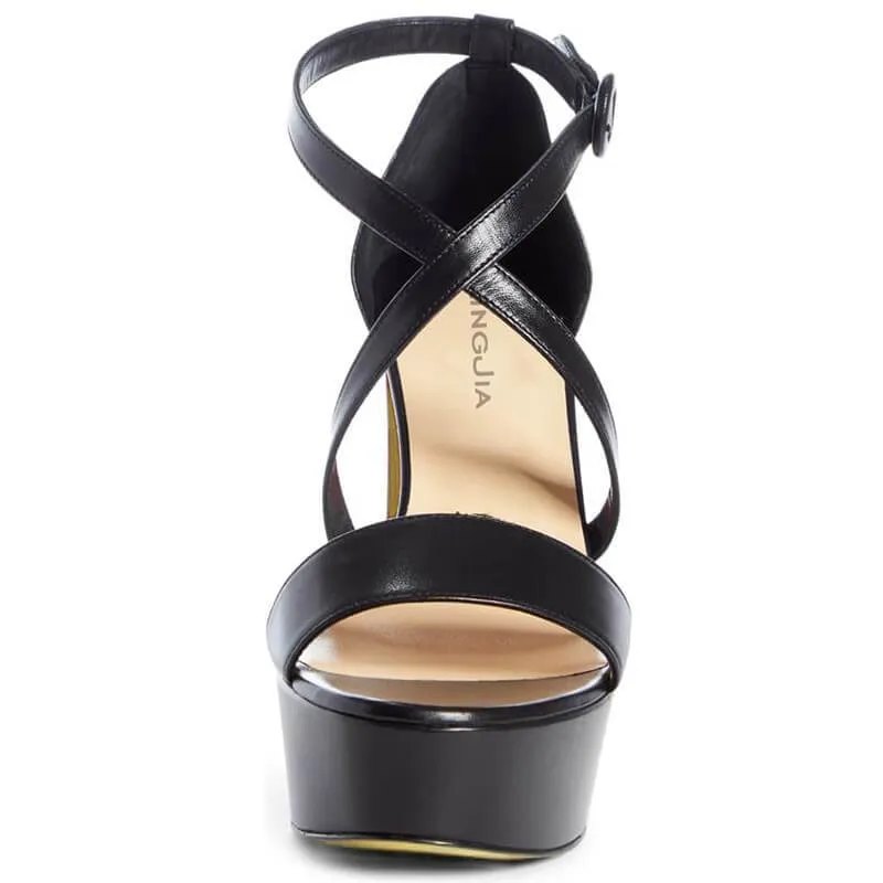 Suede Platform Buckle Color Block High Heel Sandals