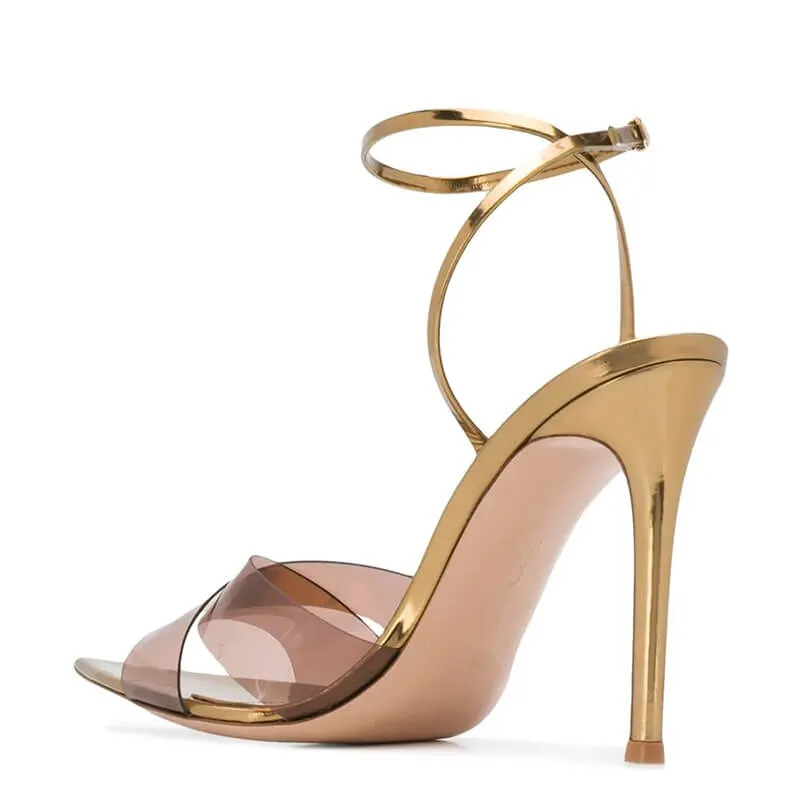 Summer Brown PVC Point Toe Buckle High Heel Sandals