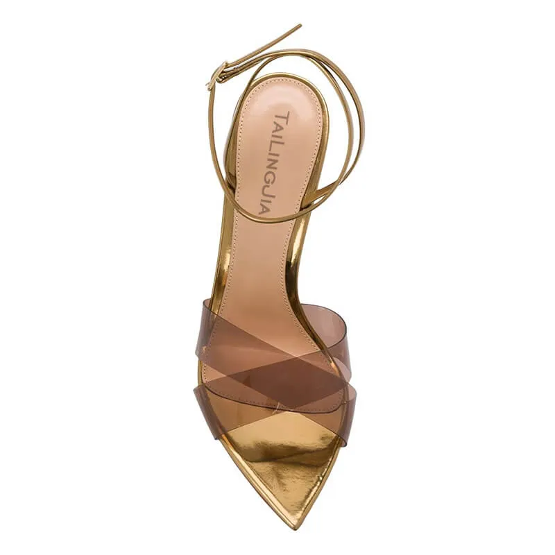 Summer Brown PVC Point Toe Buckle High Heel Sandals