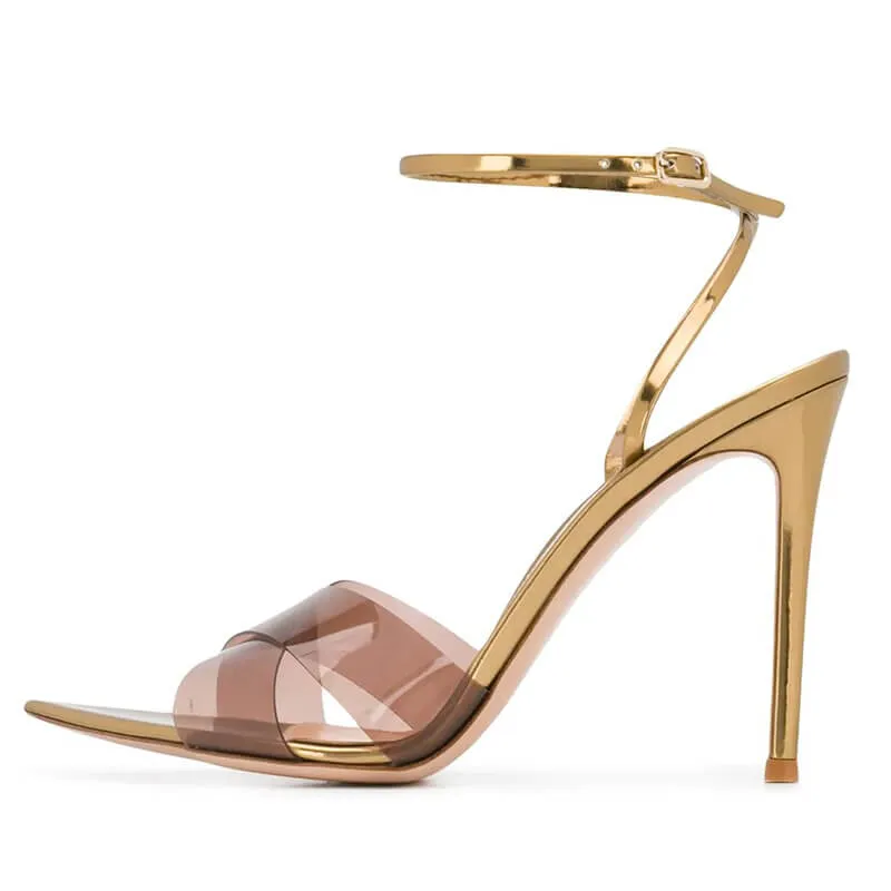 Summer Brown PVC Point Toe Buckle High Heel Sandals