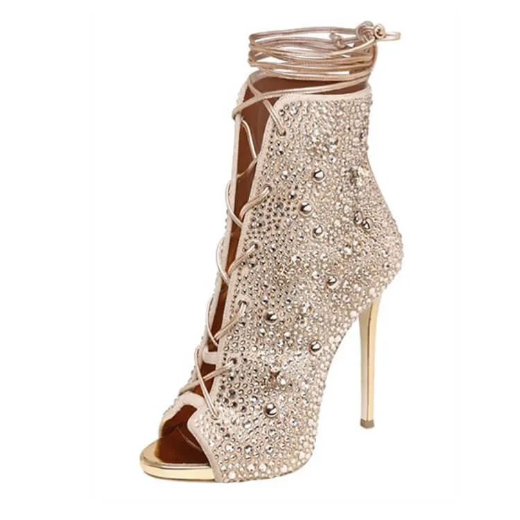 Summer Peep Toe Rhinestone Strap High Heel Sandals