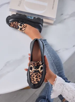 URSULA - Black women's moccasins with a tread sole, leopard insert, and gold buckle