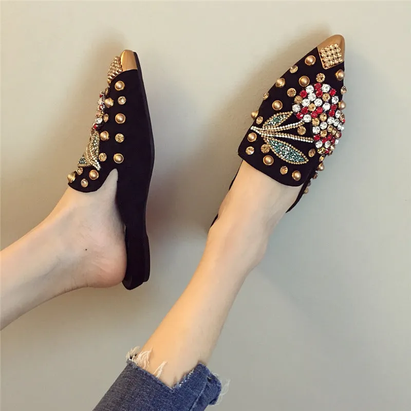 Women rhinestone studded pointed closed toe mules shoes sandals