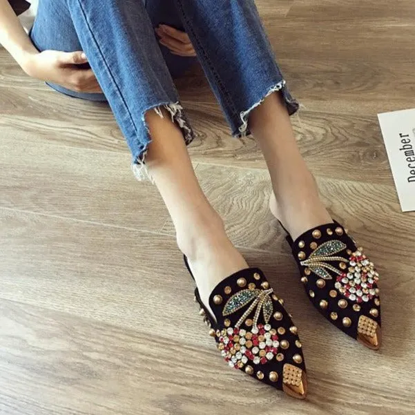 Women rhinestone studded pointed closed toe mules shoes sandals