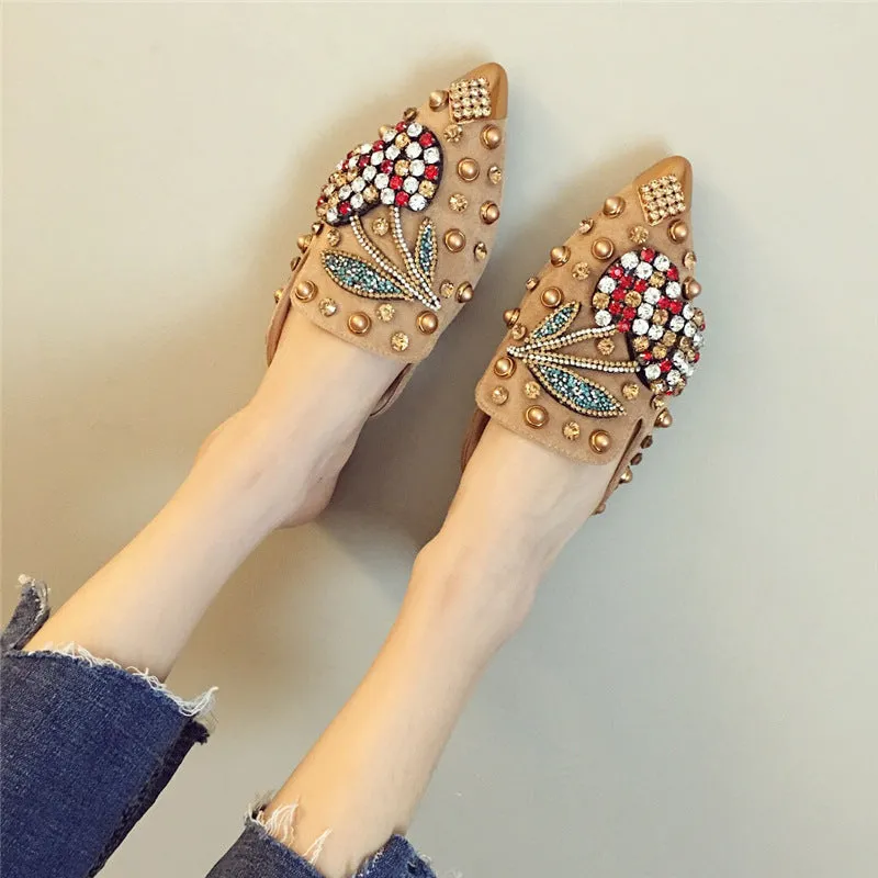 Women rhinestone studded pointed closed toe mules shoes sandals