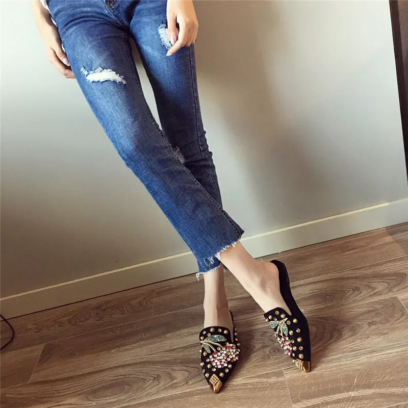 Women rhinestone studded pointed closed toe mules shoes sandals