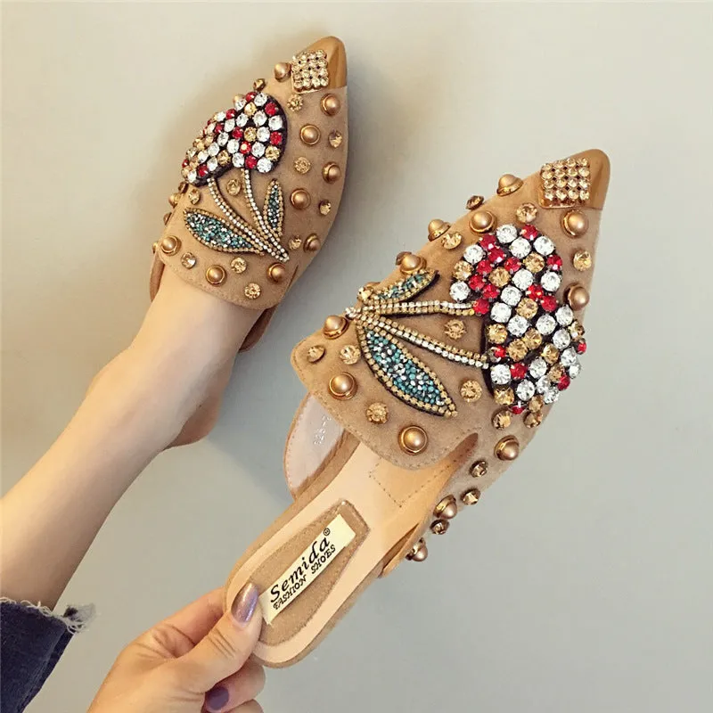 Women rhinestone studded pointed closed toe mules shoes sandals