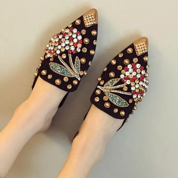 Women rhinestone studded pointed closed toe mules shoes sandals