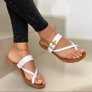 Women's adjustable buckle clip toe flat slide sandals