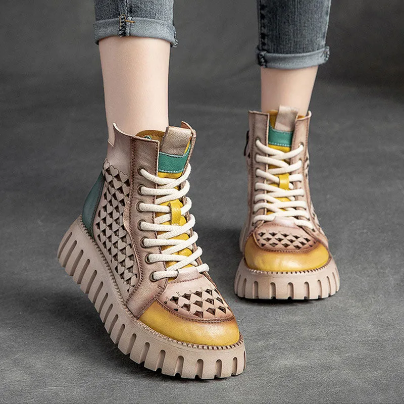 Women's sandals thick-sole hollow high top top layer cowhide Marten boots