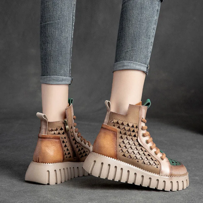Women's sandals thick-sole hollow high top top layer cowhide Marten boots
