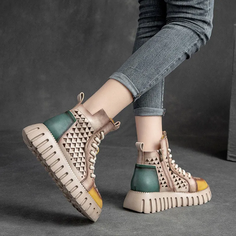 Women's sandals thick-sole hollow high top top layer cowhide Marten boots
