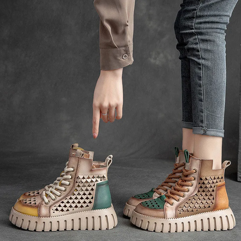 Women's sandals thick-sole hollow high top top layer cowhide Marten boots