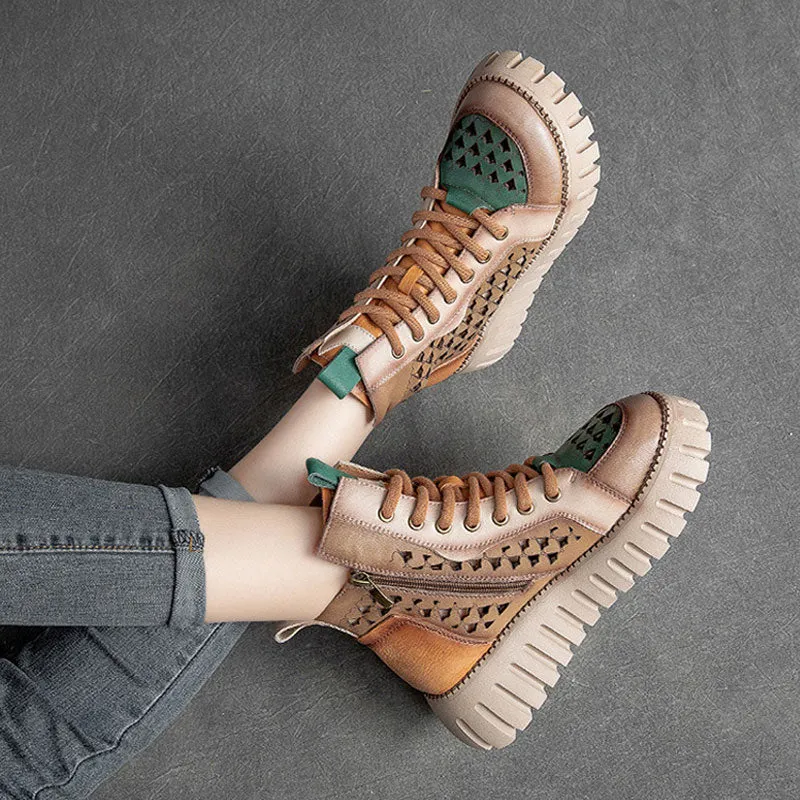 Women's sandals thick-sole hollow high top top layer cowhide Marten boots