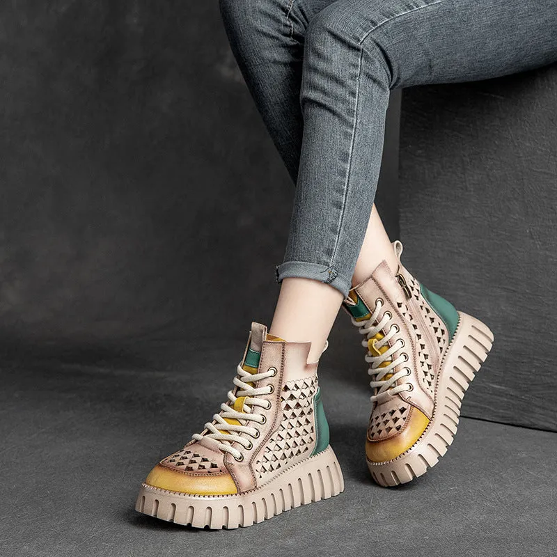Women's sandals thick-sole hollow high top top layer cowhide Marten boots